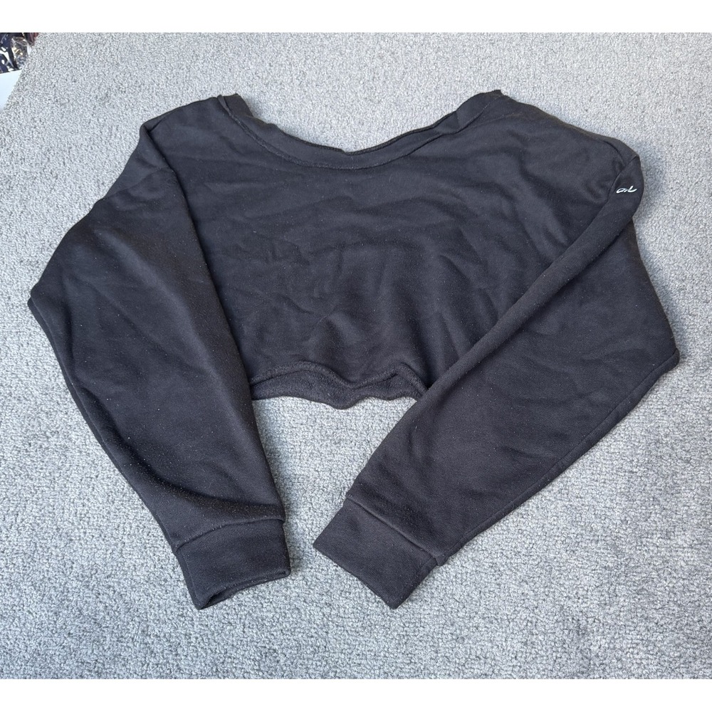 Alo Yoga Black Cropped Sweatshirt Scoop Neck Long Sleeve Raw Hem Small